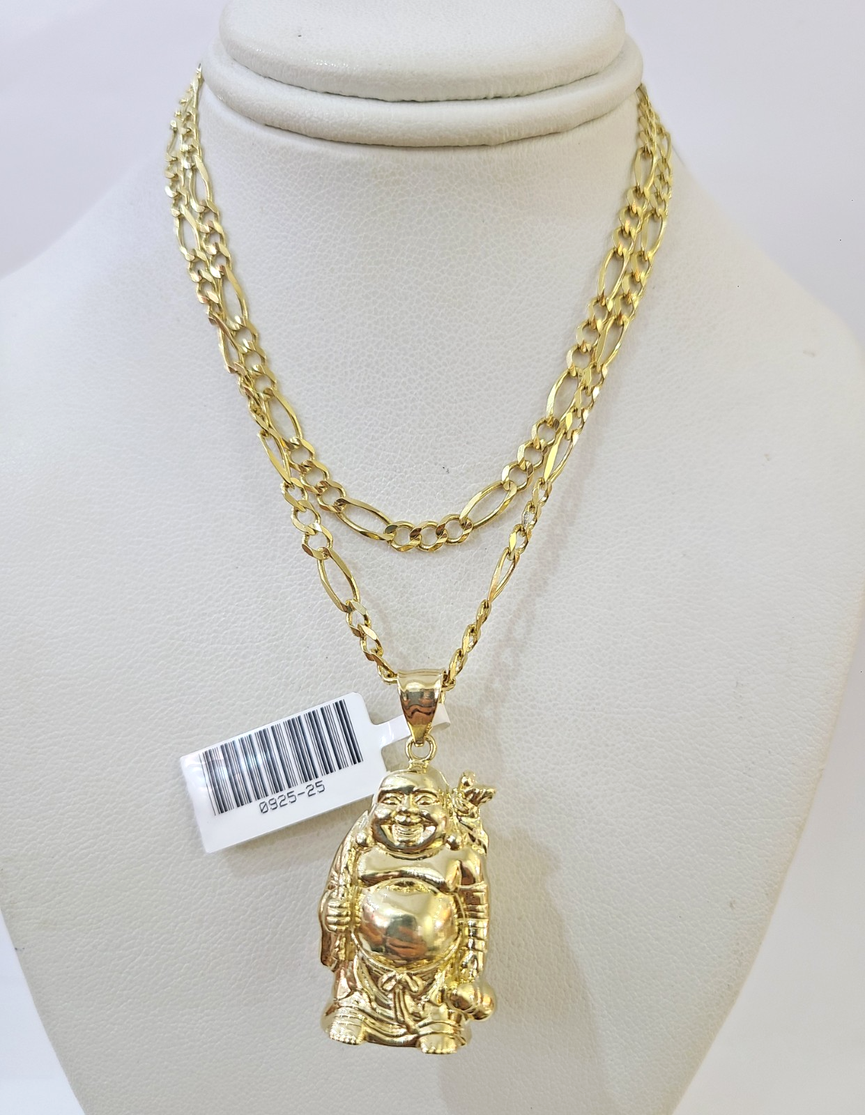 10k Figaro Chain Laughing Buddha Pendant Charm Gold 3mm 20-28 inch SET Necklace