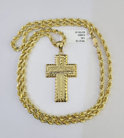10k Solid Rope Chain Last Supper Cross Charm Set 4mm 18"-28" Necklace Yellow