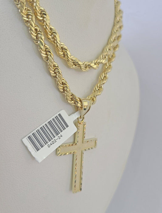 Real 10k Gold Rope Chain Cross Charm Pendant Set Necklace is 5mm 20"-30"