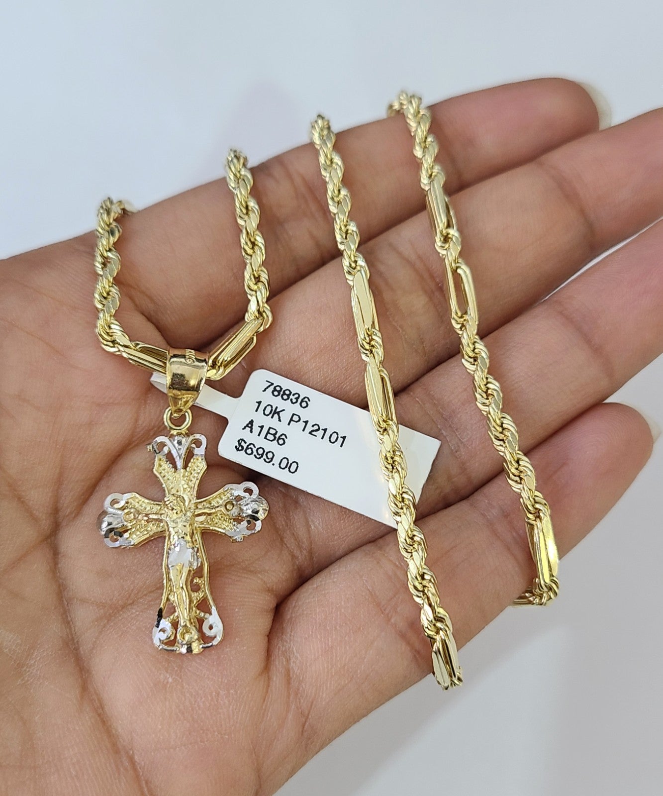 10k Milano Rope Chain Jesus Cross Charm Necklace SET 3mm 18"-26" Pendant