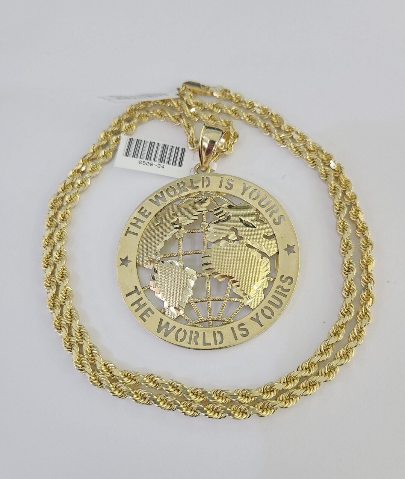 10k Solid Rope Chain World is Yours Charm Set 4mm 20"-28" Necklace Gold Yellow