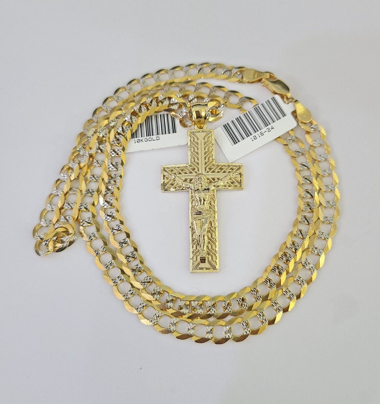 10k Solid Gold Cuban Curb Chain Jesus Cross Pendant 6mm 20"-30" SET Necklace