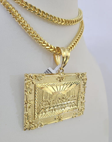 10K Franco Chain Last Supper Pendant Charm Necklace 20"-26" 5mm Yellow Gold SET