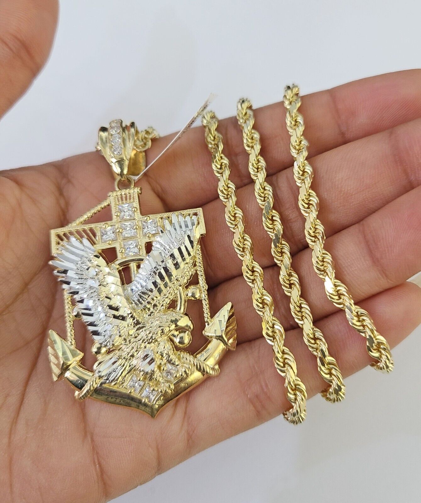 10k Solid Rope Chain Eagle Anchor Charm Set 4mm 20"-28" Necklace Gold Yellow