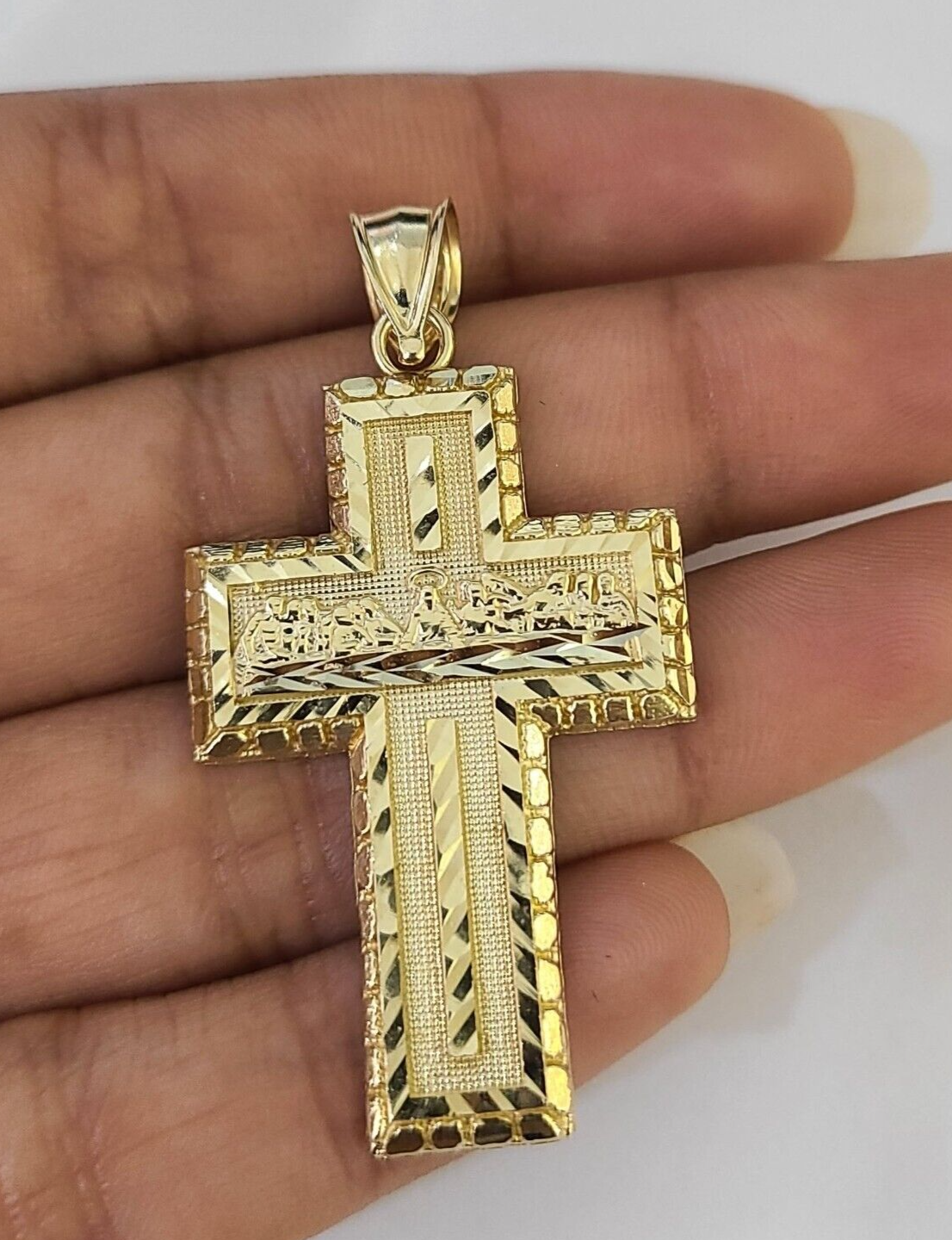 10k Real Last Supper Cross Charm Pendant Yellow Gold Men Women Diamond cuts 2"