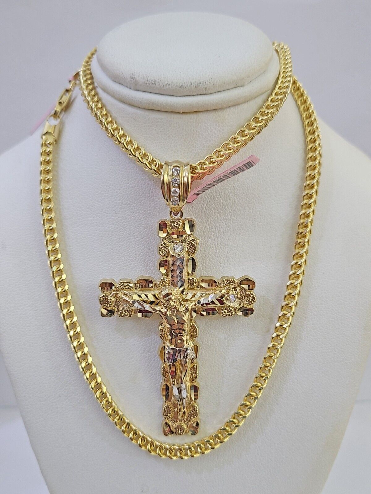 14K Franco Chain Jesus Nugget Cross Pendant Charm Necklace 20"-26" 4mm Gold