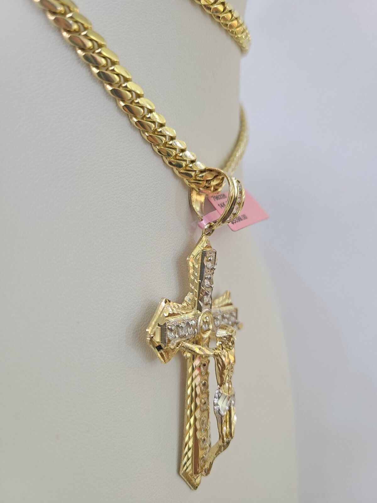 Real 14k Solid Chain Cross Charm Set Miami Cuban Link 6mm Necklace Pendant Gold