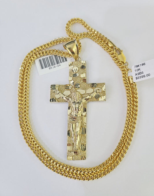 10K Franco Chain Jesus Crucifix Cross Pendant Charm Necklace 20"-26" 3mm Gold