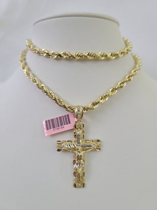 Real 14k Rope Chain Jesus Cross Charm Set 6mm 18"-28" Necklace Yellow Gold