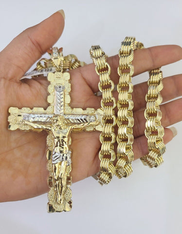 10k Gold Byzantine Necklace Jesus Cross Charm 20-30 inches 9mm REAL SET Chain