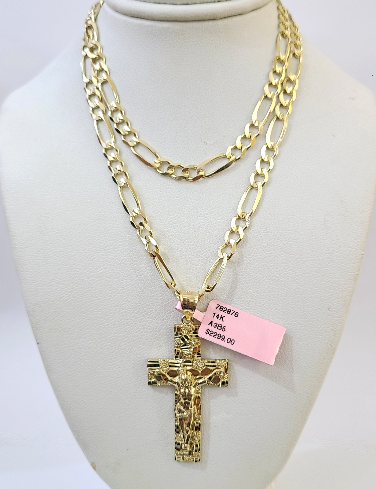 14k Solid Figaro Chain Nugget Jesus Cross Pendant Gold 4mm 18"-28" SET Necklace