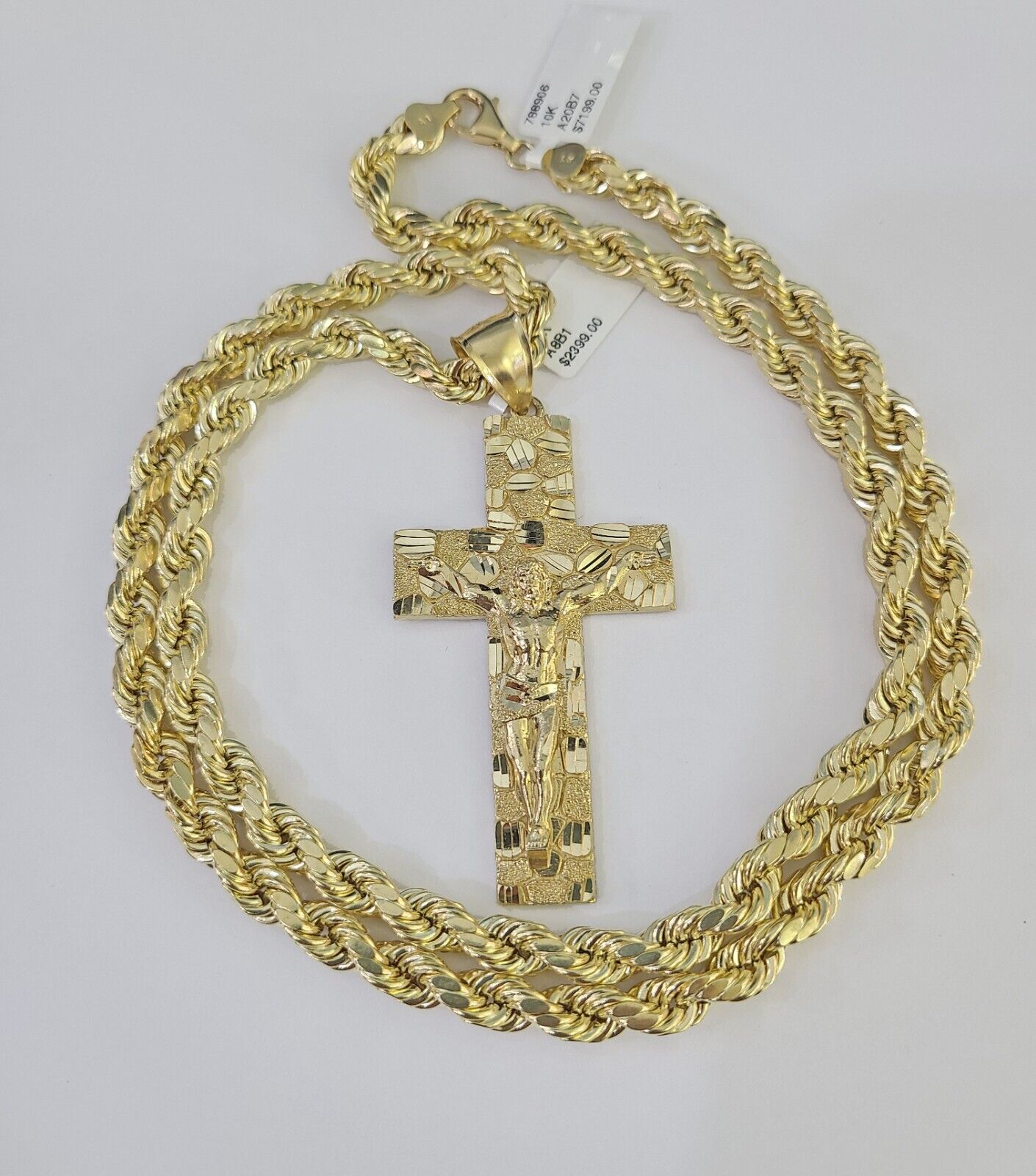 Real 10k Rope Chain Jesus Cross Charm Set 7mm 20"-28" Inch Necklace Yellow Gold