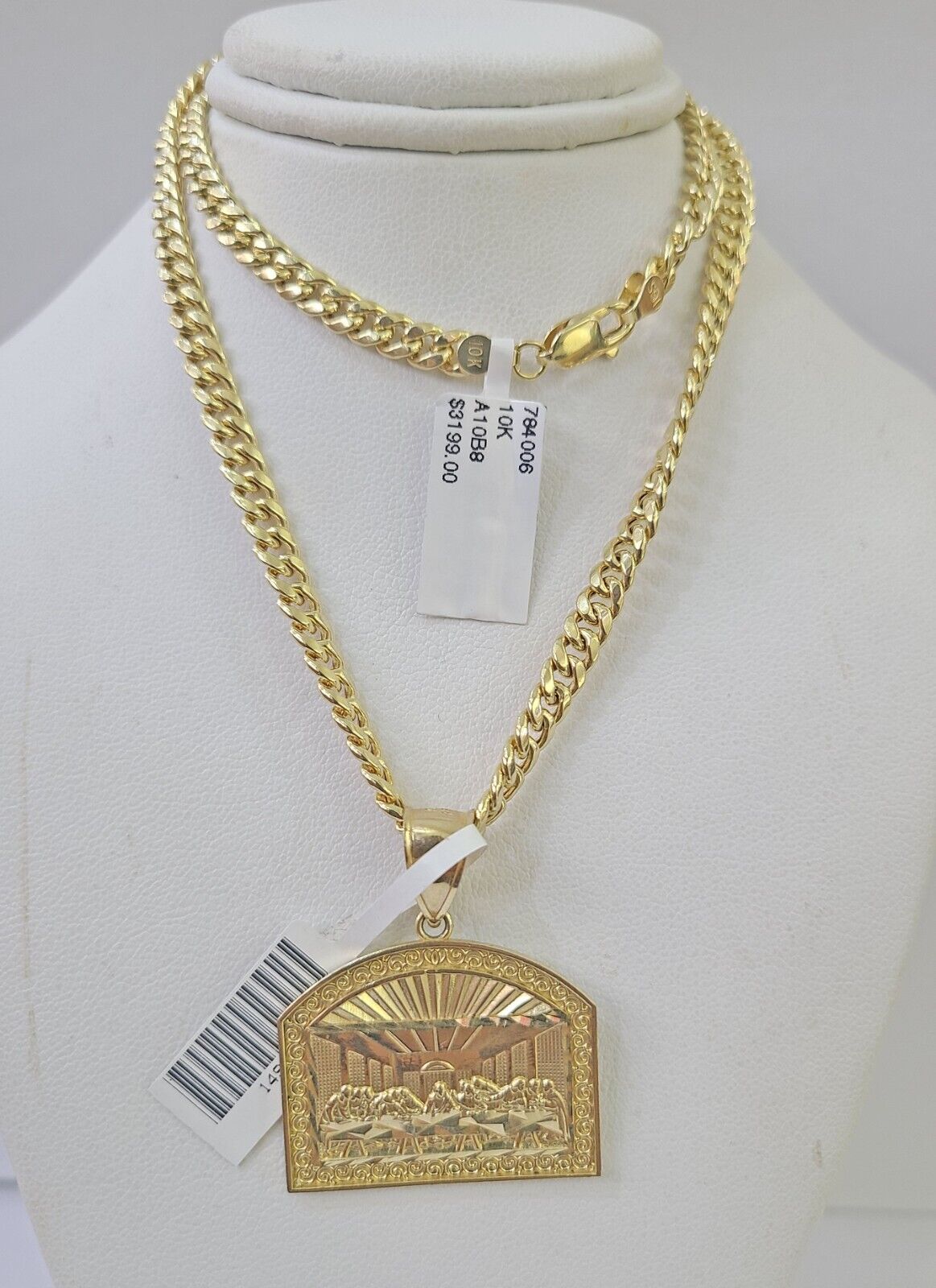 10k Yellow Gold Chain Last Supper Charm Pendant Set 5mm Miami Cuban Necklace