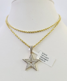 10k Solid Rope Chain 2mm Star Diamond Pendant Charm Necklace SET 18-22 in