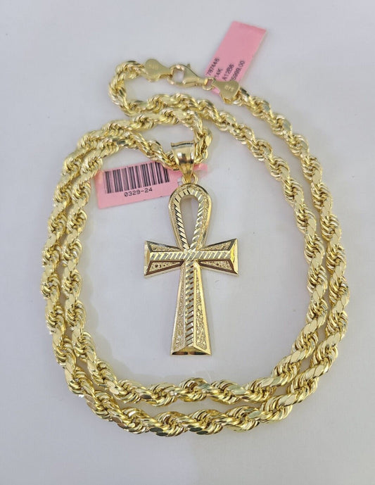 Real 14k Rope Chain Ankh Cross Charm Set 6mm 18"-28" Necklace Yellow Gold