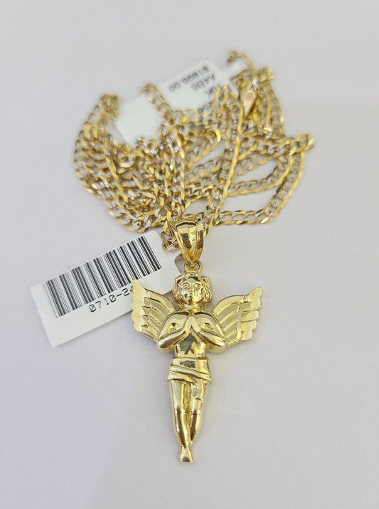 10k Solid Gold Cuban Curb Chain Praying Angel Pendant 2mm 18"-24" SET Necklace