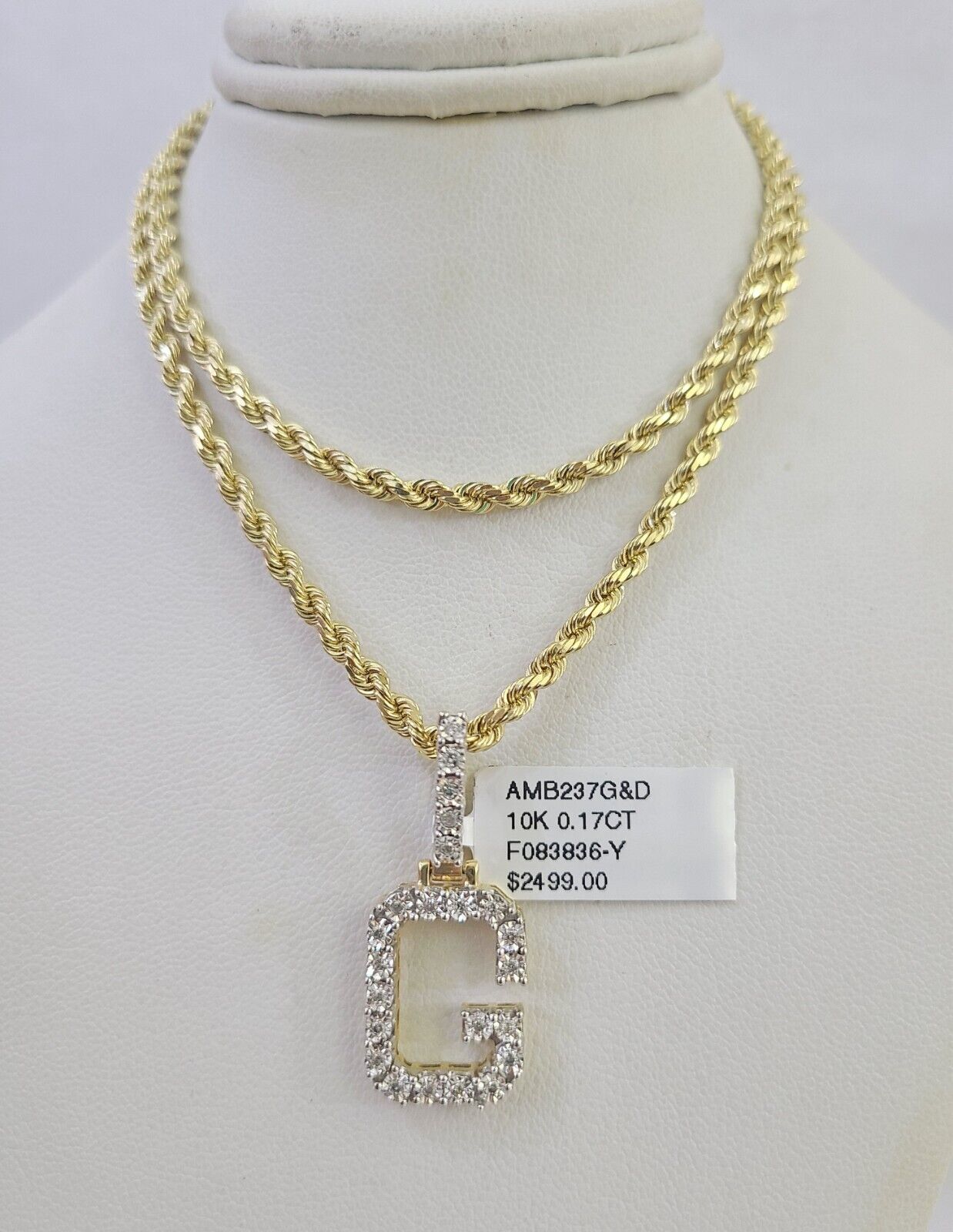 10k 3mm Rope Solid Chain G Diamond Pendant Alphabet 18"-28" Gold Charm Necklace