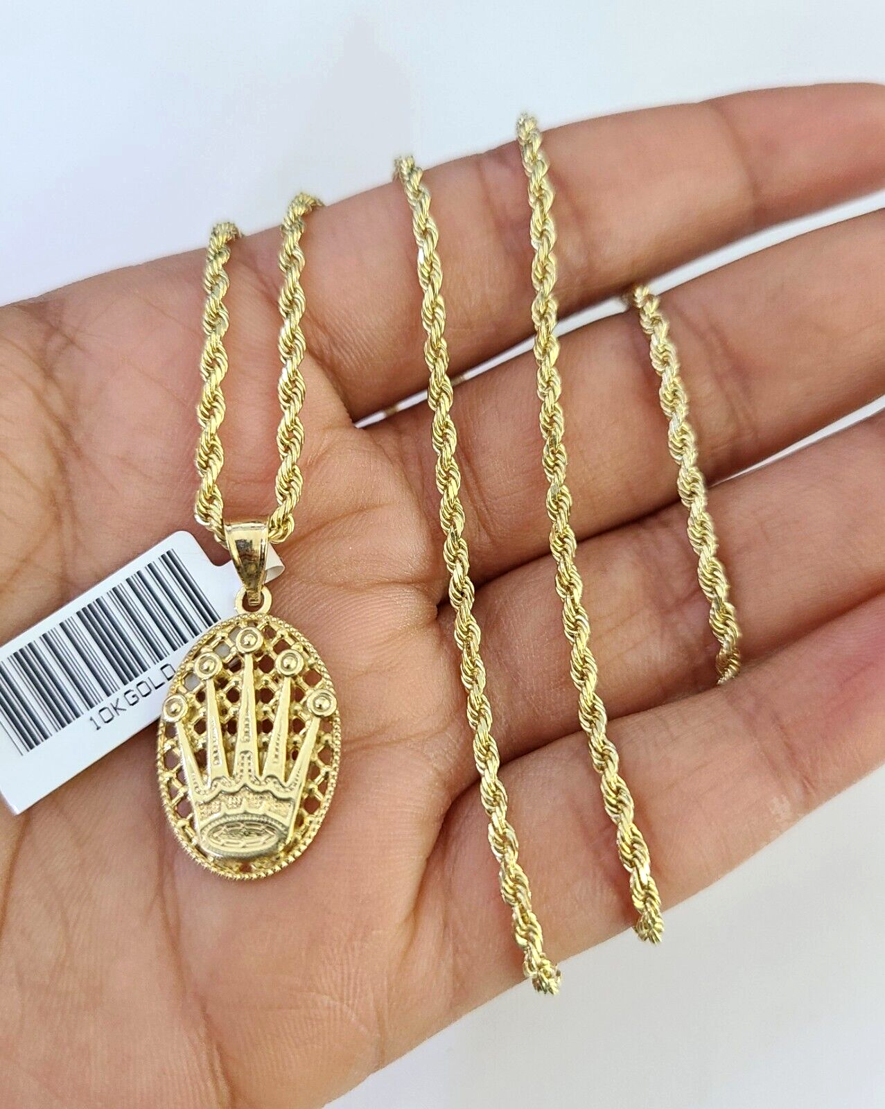 10k Solid Rope Chain Crown Pendant Charm Necklace 18-24" SET 2mm