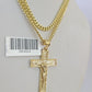 10K Gold Miami Cuban Chain Jesus Cross 18"-28" 3mm Pendant Necklace SET Charm