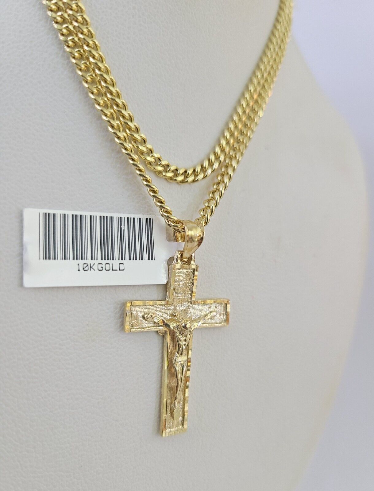 10K Gold Miami Cuban Chain Jesus Cross 18"-28" 3mm Pendant Necklace SET Charm