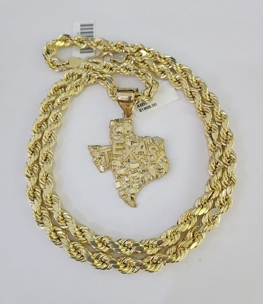 Real 10k Rope Chain Texas Map Charm Set 7mm 20"-28" Inch Necklace Gold