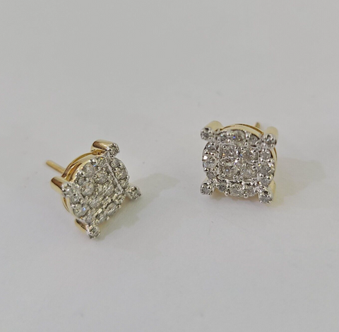 10k Diamond Flower Earrings Yellow gold Real Screw-Back Women Men studs