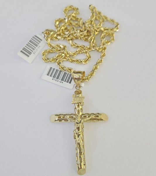 10k Solid Rope Chain INRI Jesus Cross Charm Set 4mm 20"-28" Necklace Gold Yellow