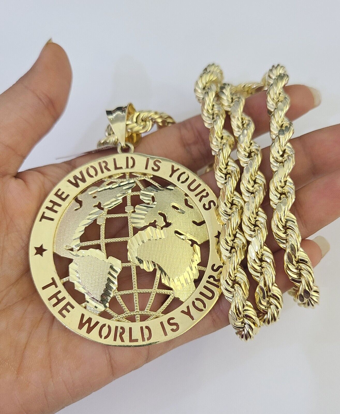 Real 10k Rope Chain World is Yours Charm Set 8mm 20"-30" Inch Necklace Gold