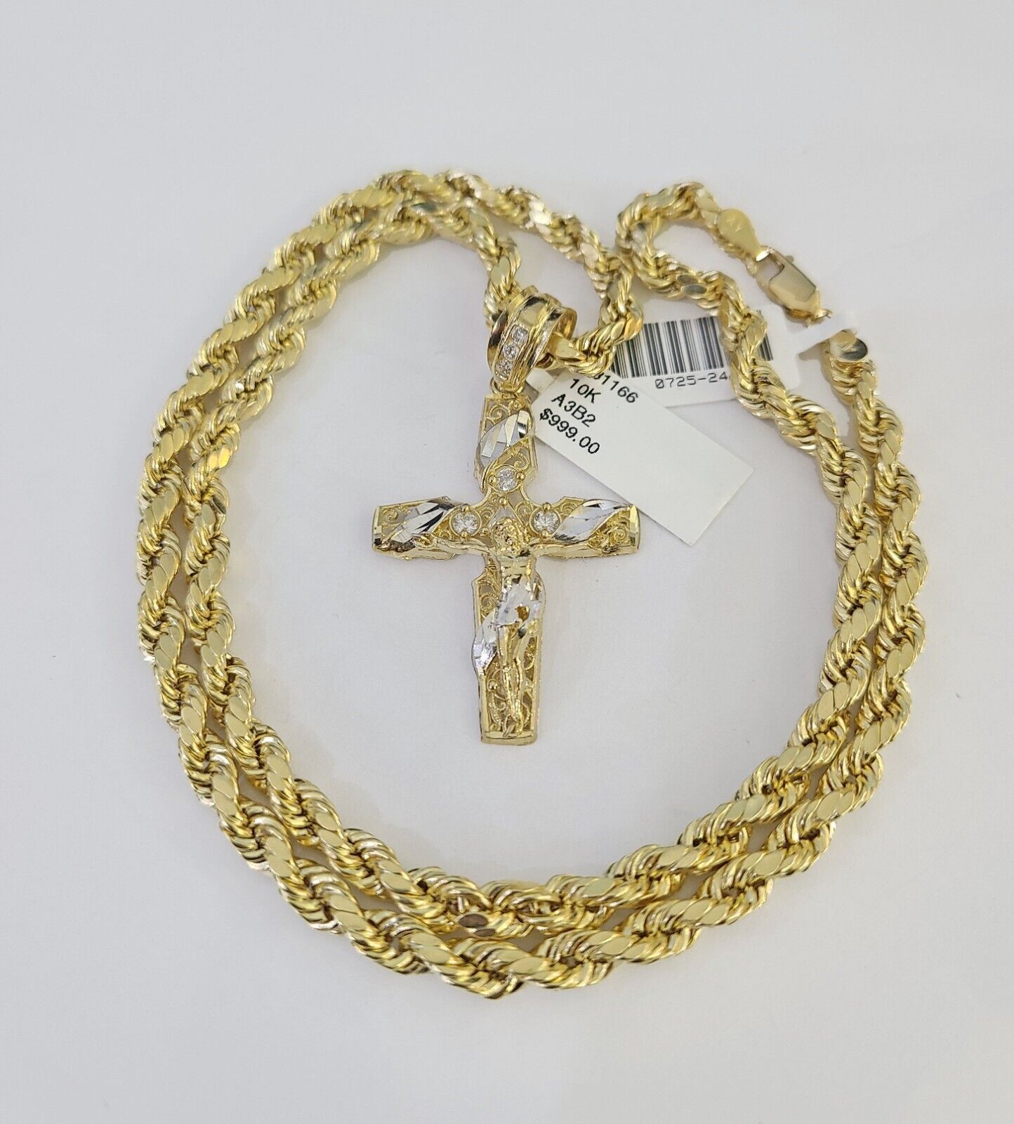 Real 10k Rope Chain Jesus Cross Charm Necklace Pendant Set 5mm 20"-30" Inch Gold