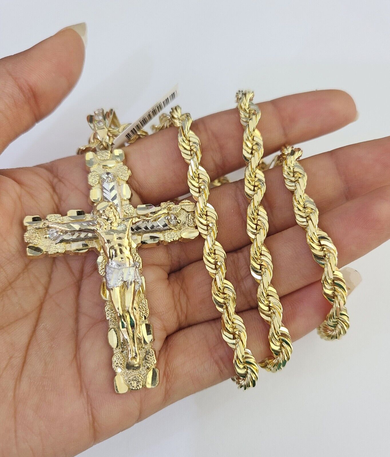 Real 10k Solid Rope Chain Nugget Cross Charm Set 6mm 20"-30" Inch Necklace Gold