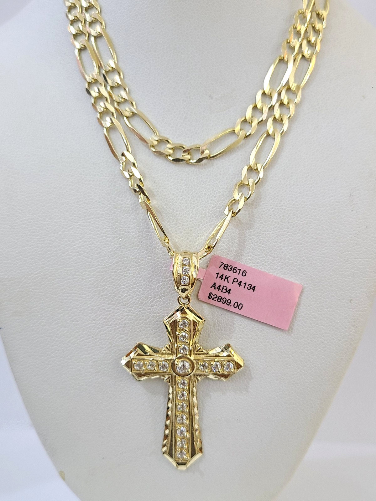 14k Solid Figaro Chain Jesus Cross Pendant Gold 5mm 18-28 inch SET Necklace