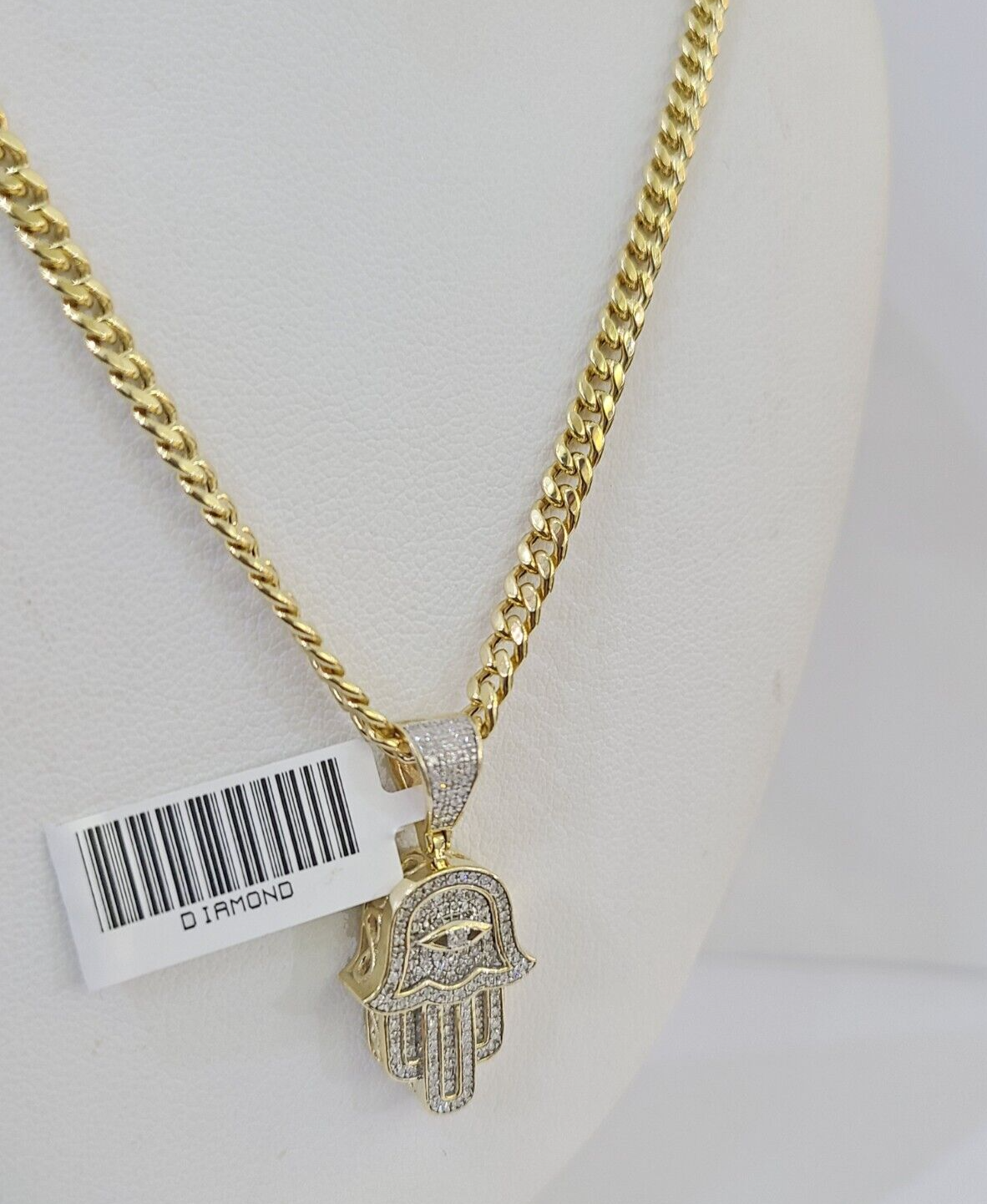 Real 10k Yellow Gold Diamond Charm Hamsa Hand Pendant& Cuban Link Chain Neckalce