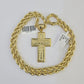 Real 10k Rope Chain Jesus Cross Charm Necklace Pendant Set 5mm 20"-30" Inch Gold