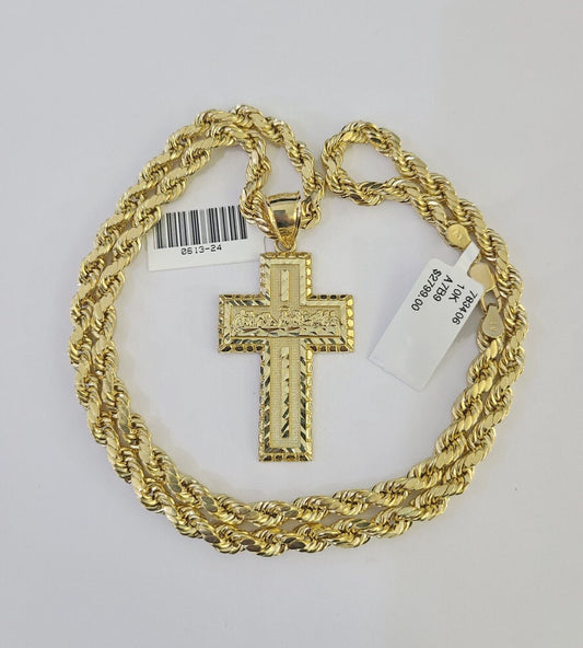Real 10k Gold Rope Chain Cross Charm Pendant Set Necklace 5mm 20"-30" Inch For Men's