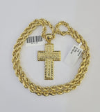 Real 10k Gold Rope Chain Cross Charm Pendant Set Necklace 5mm 20"-30" Inch For Men's
