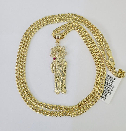 10k Miami Cuban Chain Saint Jude Charm Set 4mm 18"-28" Necklace Yellow Gold