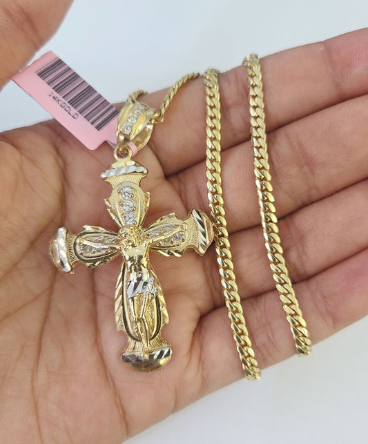 Real 14k Solid Chain Cross Charm Set Miami Cuban Link 3mm Necklace Pendant Gold