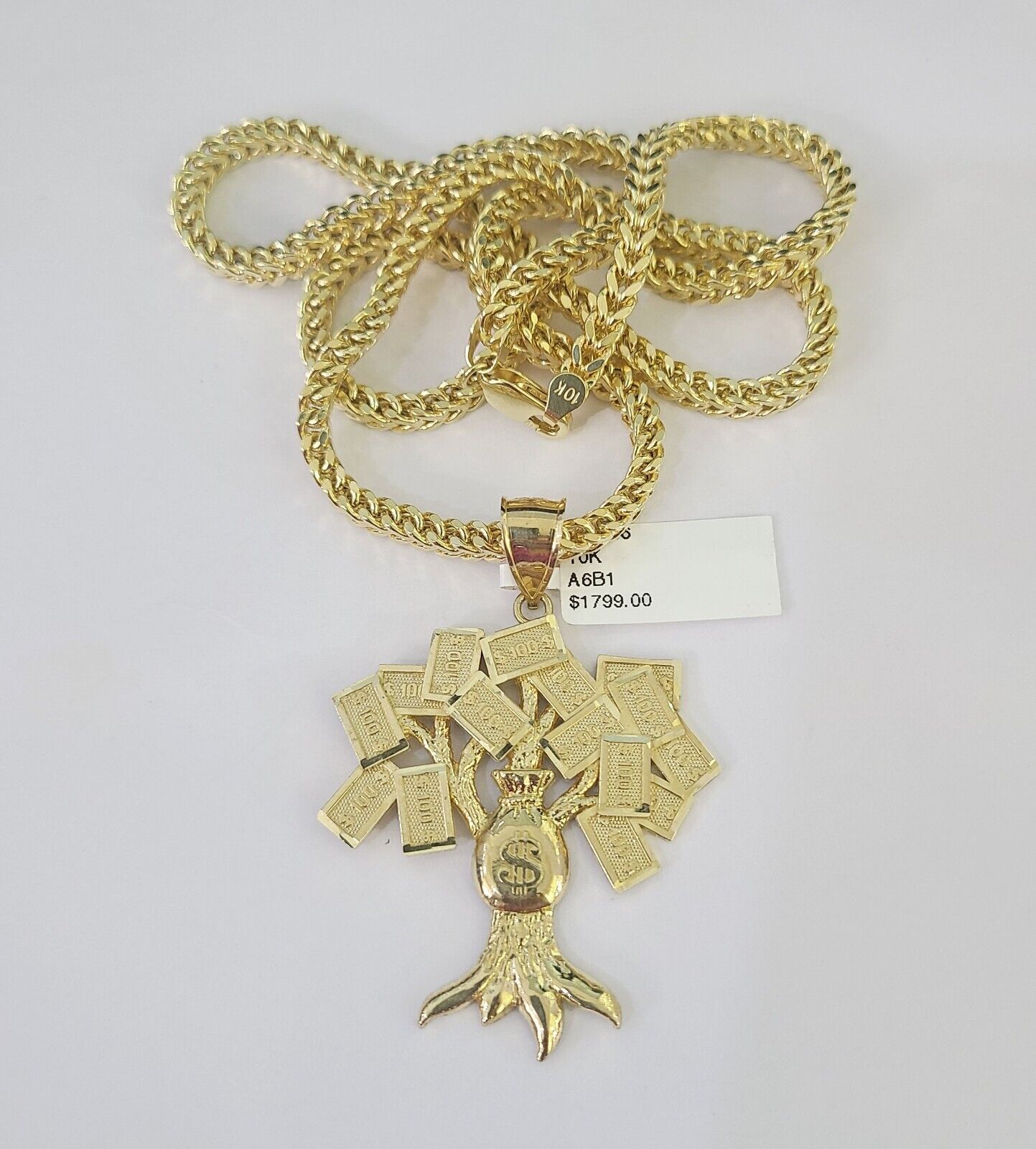 10K Franco Chain Money Tree Pendant Charm Necklace 20"-28" 4mm Yellow Gold SET