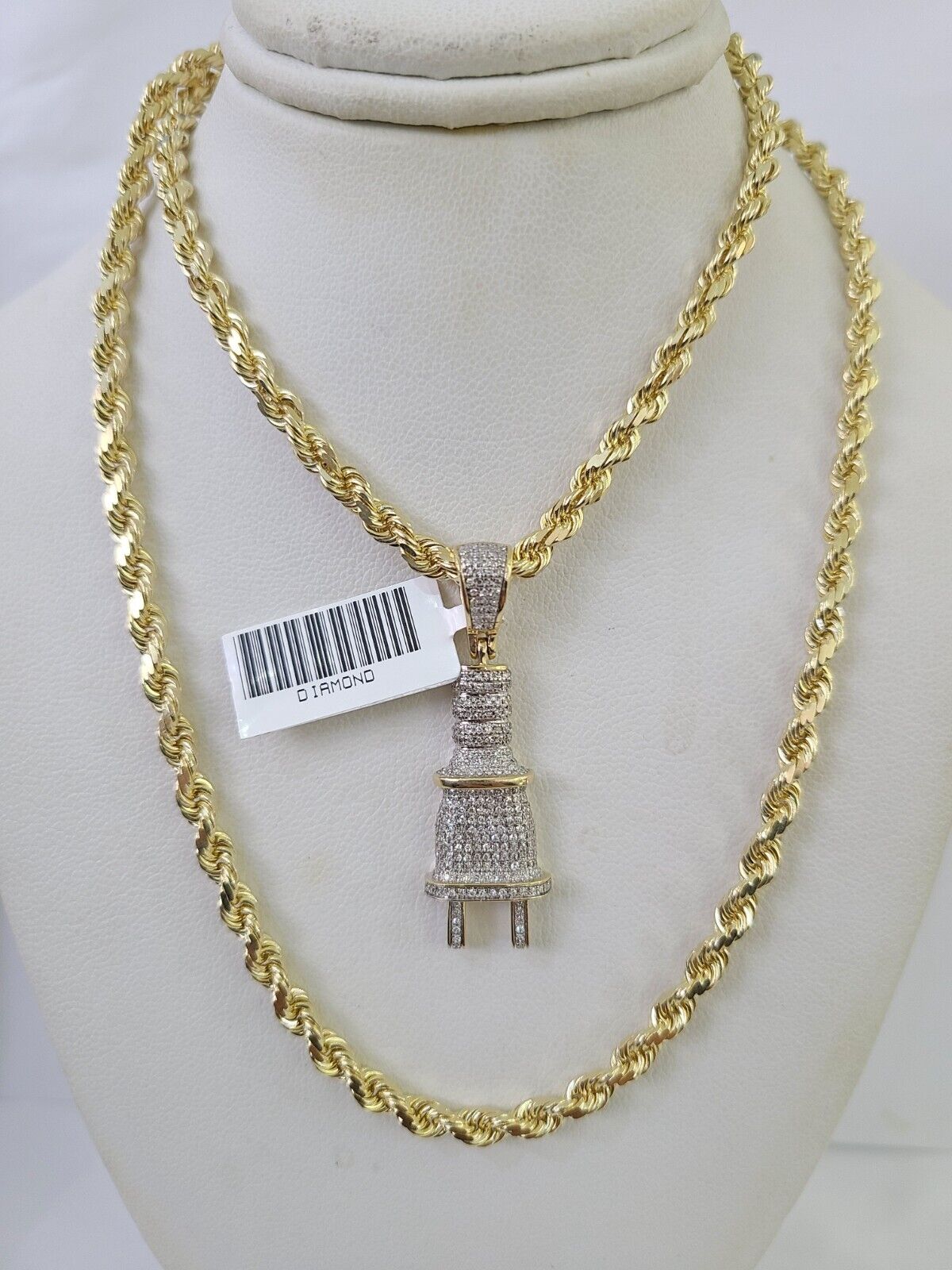 10k Solid Rope Chain Plug Socket Charm Diamond Set 4mm 20"-28" Necklace Gold