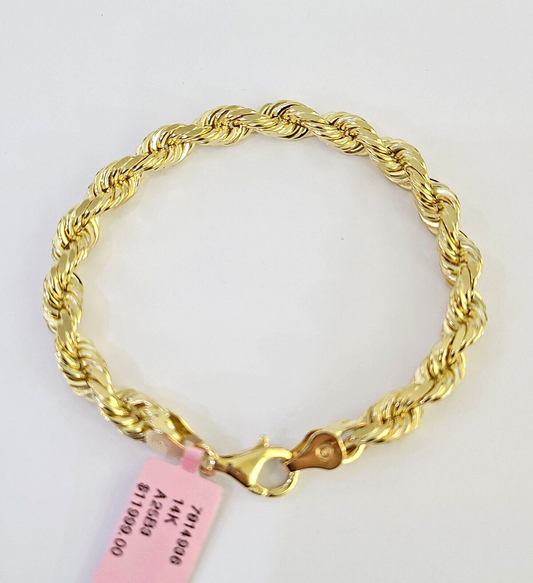 Real 14k Solid Rope Bracelet 7mm 7 Inch Men Women Diamond Cut Yellow Gold