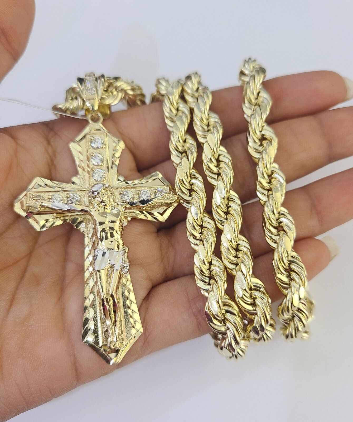 Real 10k Rope Chain Jesus Cross Charm Set 8mm 20"-30" Inch Necklace Yellow Gold