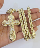 Real 10k Rope Chain Jesus Cross Charm Set 8mm 20"-30" Inch Necklace Yellow Gold