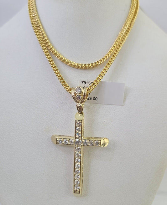 10K Gold Franco Chain Jesus Cross Charm Pendant 20-26 inches 2.5mm REAL Yellow