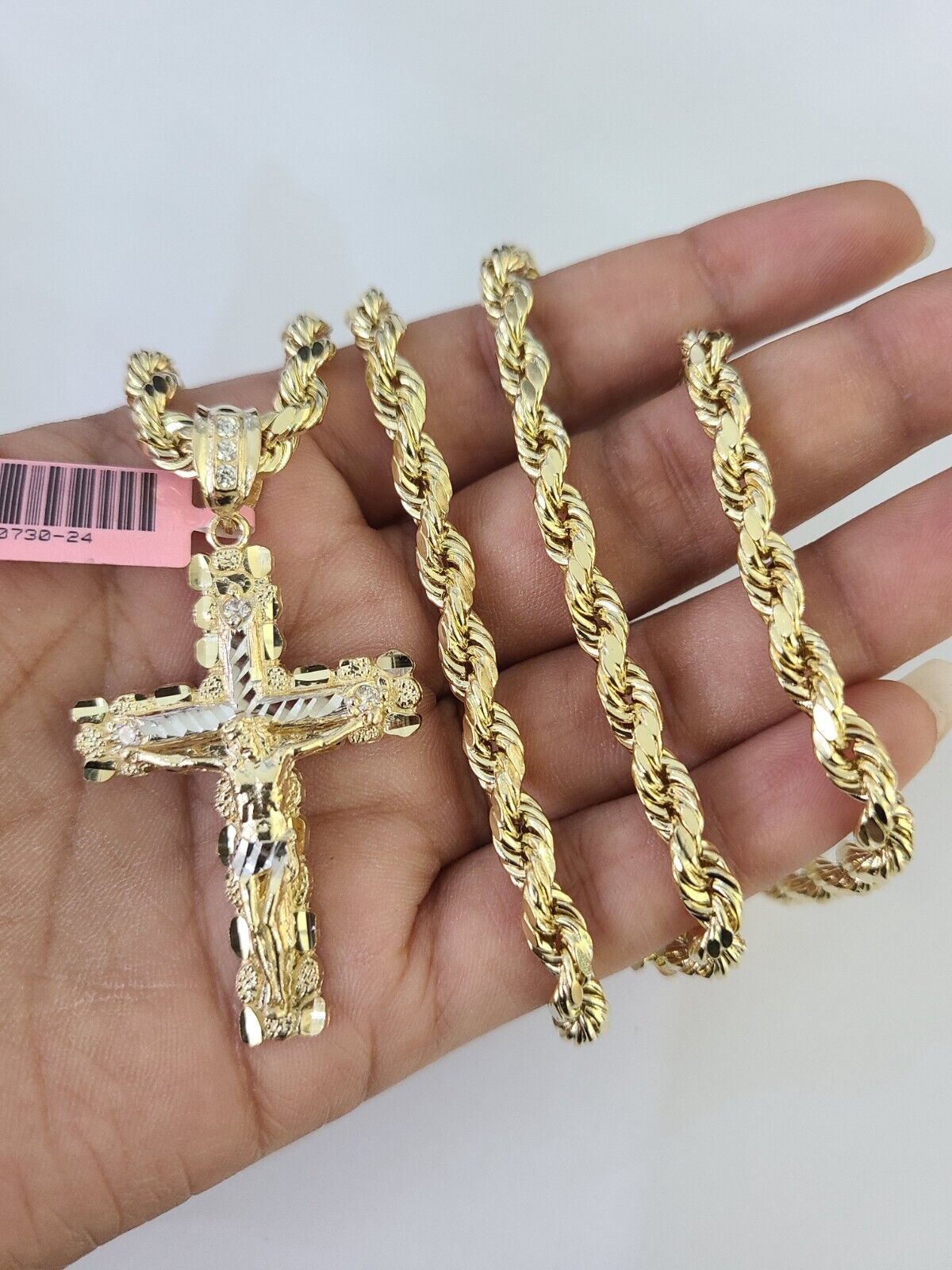 Real 14k Rope Chain Jesus Cross Charm Set 6mm 18"-28" Necklace Yellow Gold