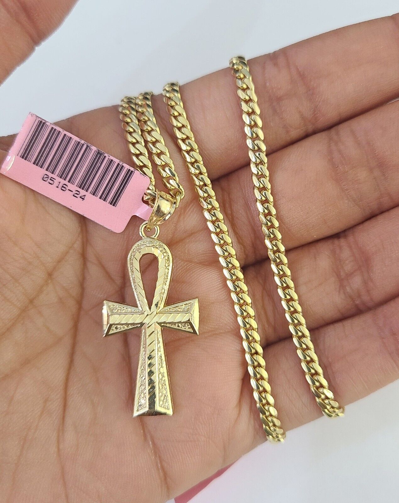 Real 14k Solid Chain Cross Charm Set Miami Cuban Link 3mm Necklace Pendant Gold