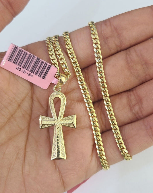 Real 14k Solid Chain Cross Charm Set Miami Cuban Link 3mm Necklace Pendant Gold