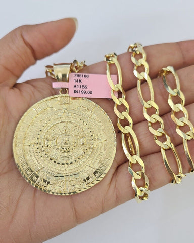 14k Figaro Chain Mayan Calendar Charm Pendant Gold 7mm 20-30 inch SET Necklace