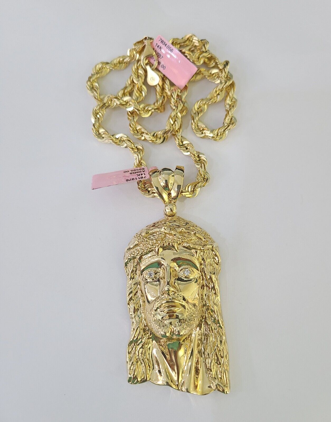 Real 14k Solid Rope Chain Jesus Head Charm Set 6mm 18"-30" Necklace Gold