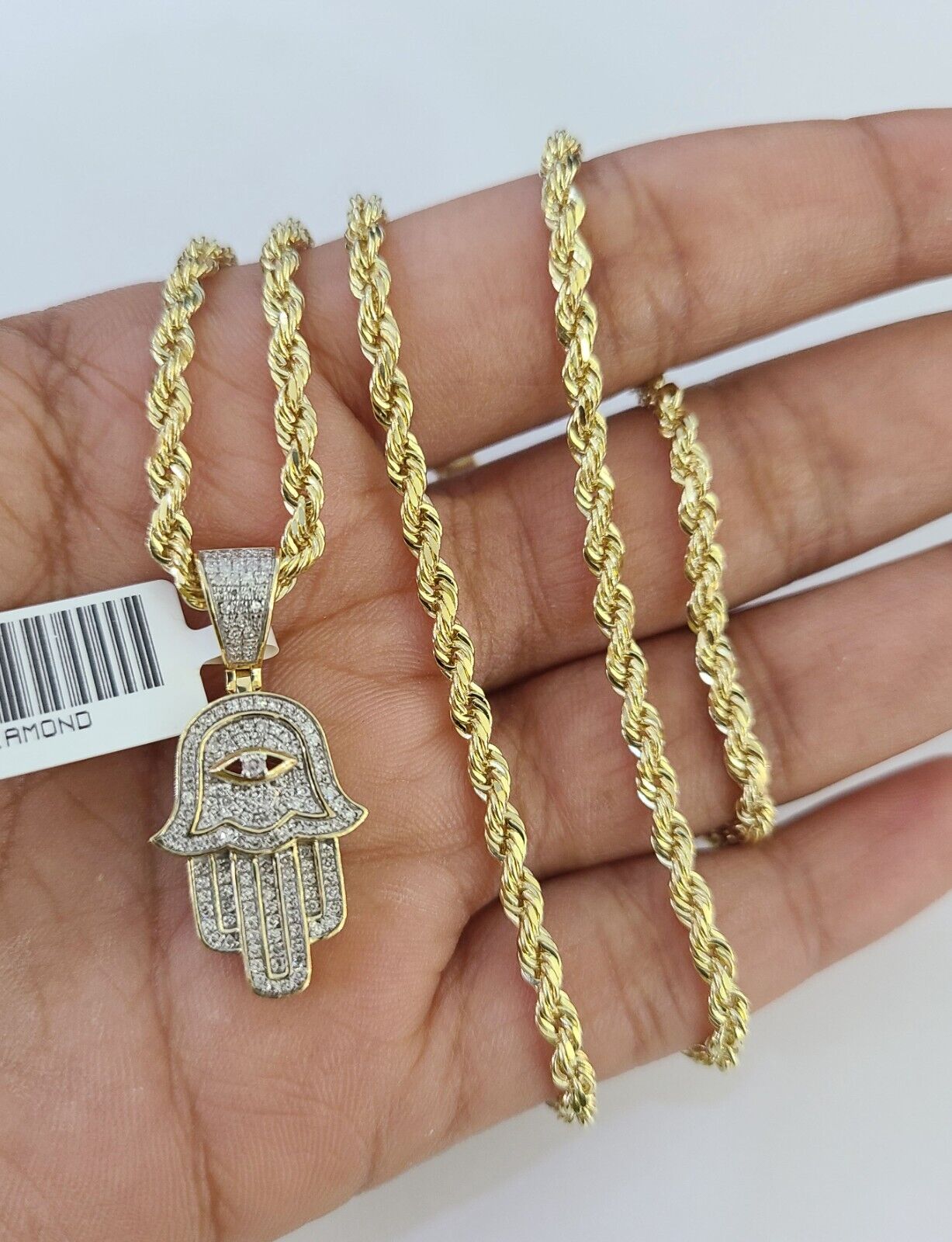 10k Solid Rope Chain 3mm Diamond Hamsa Hand Pendant Charm Necklace SET 18-26 in