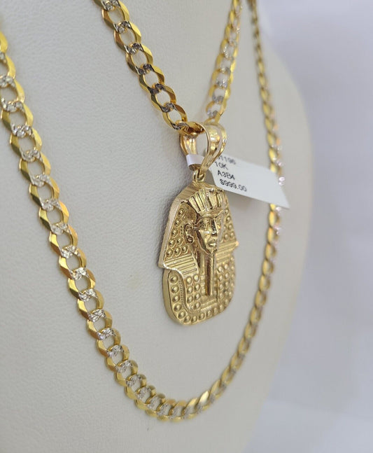 10k Gold Chain Pharaoh Charm Solid Cuban Curb Link 5mm 18"-28" Inch SET Necklace